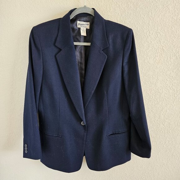 Pendleton Woman Size 14 100% Virgin Wool Navy Blazer One Button Classic Preppy - Picture 1 of 6